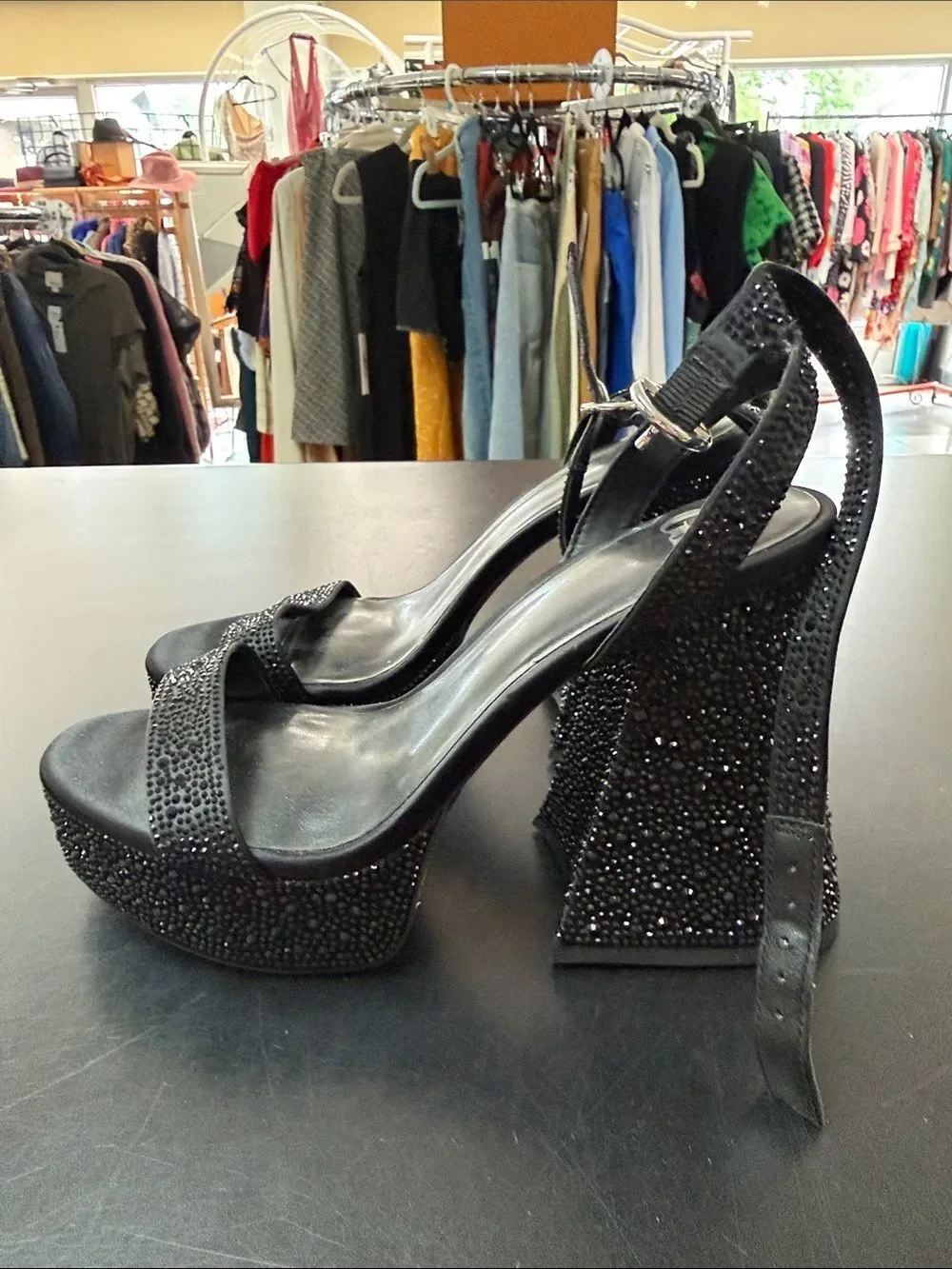 Gianni Bini Black Crystal Platform Block Heel Sandals